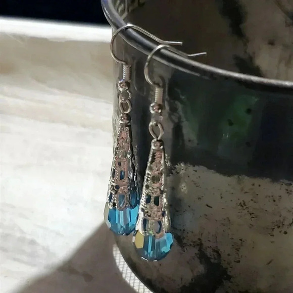 Caged Filigree Faceted Turquoise Blue Crystal Teardrop Earrings Handcrafted - Picture 3 of 7